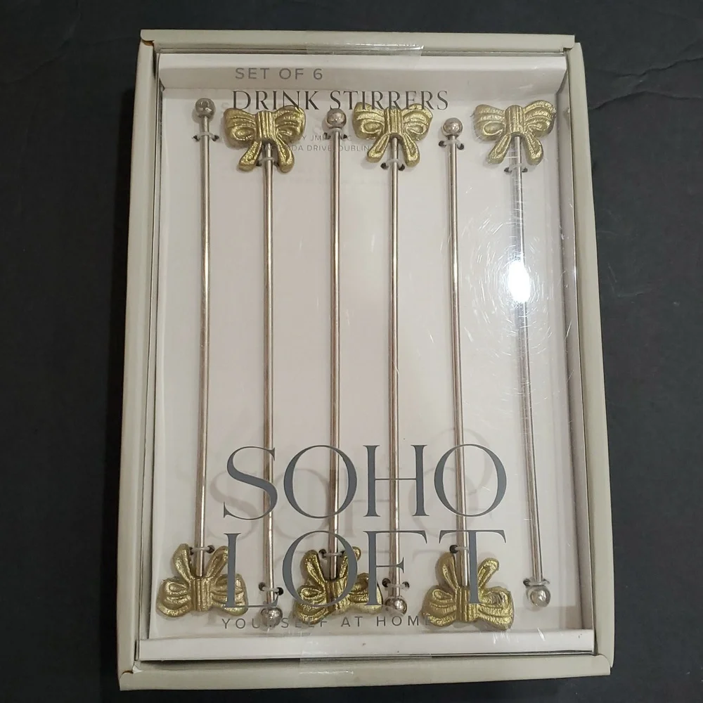 6pack‎ bow topped silver and gold plated cocktail mixed drink stirrers brand new